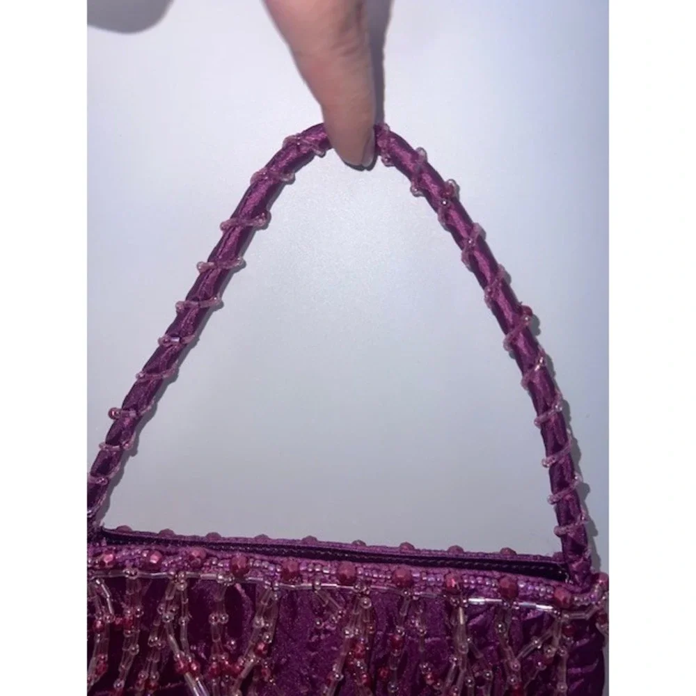 VTG Y2K FarNine Fuchsia Crinkle Satin Beaded Fringe Bag 2000s Whimsygoth Party